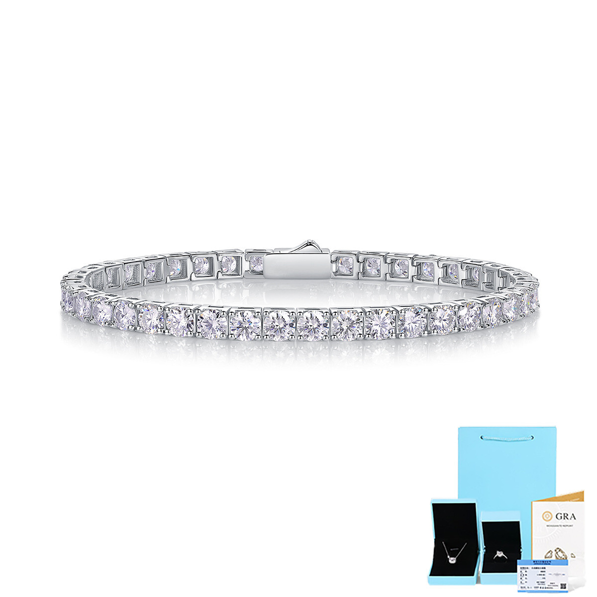 4MM Round Cut VVS1/D GRA Moissanite Tennis Bracelet Real 925 Sterling Silver