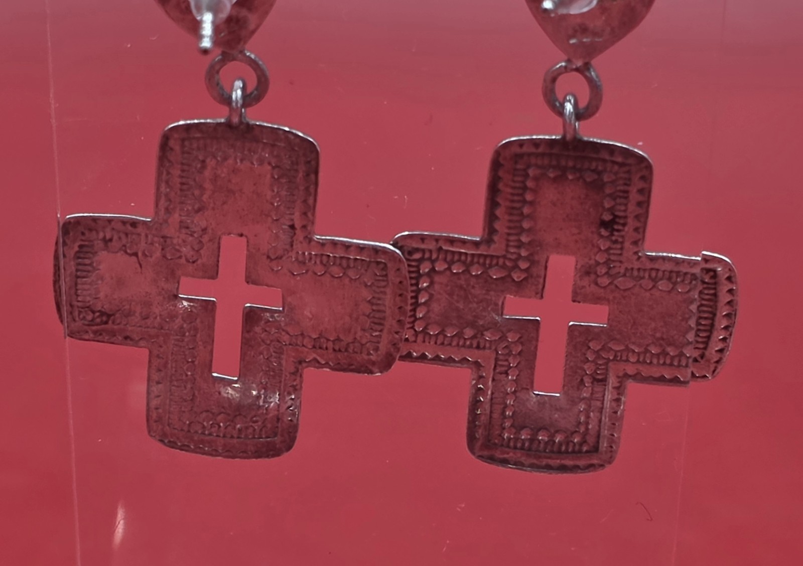 Sterling Silver Stamped Cross Pink Heart Dangle Earrings