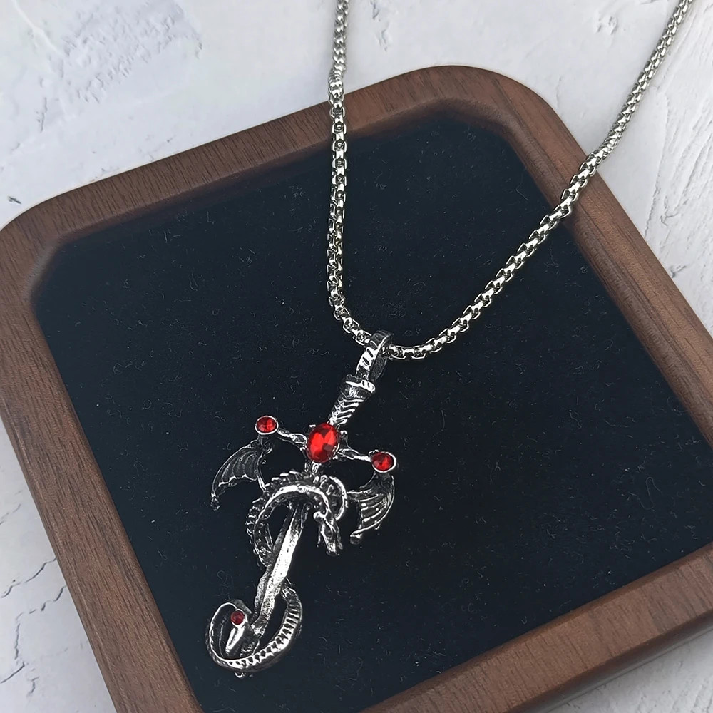 Vintage Imitation Gemstone Dragon Sword Pendant Necklace Accessories Stainless S