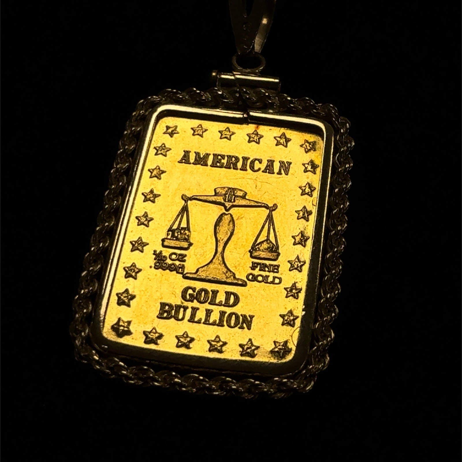 Vintage American Gold Bullion 1/10oz .999 Fine Gold Bar in 14k Rope Bezel 4.95g
