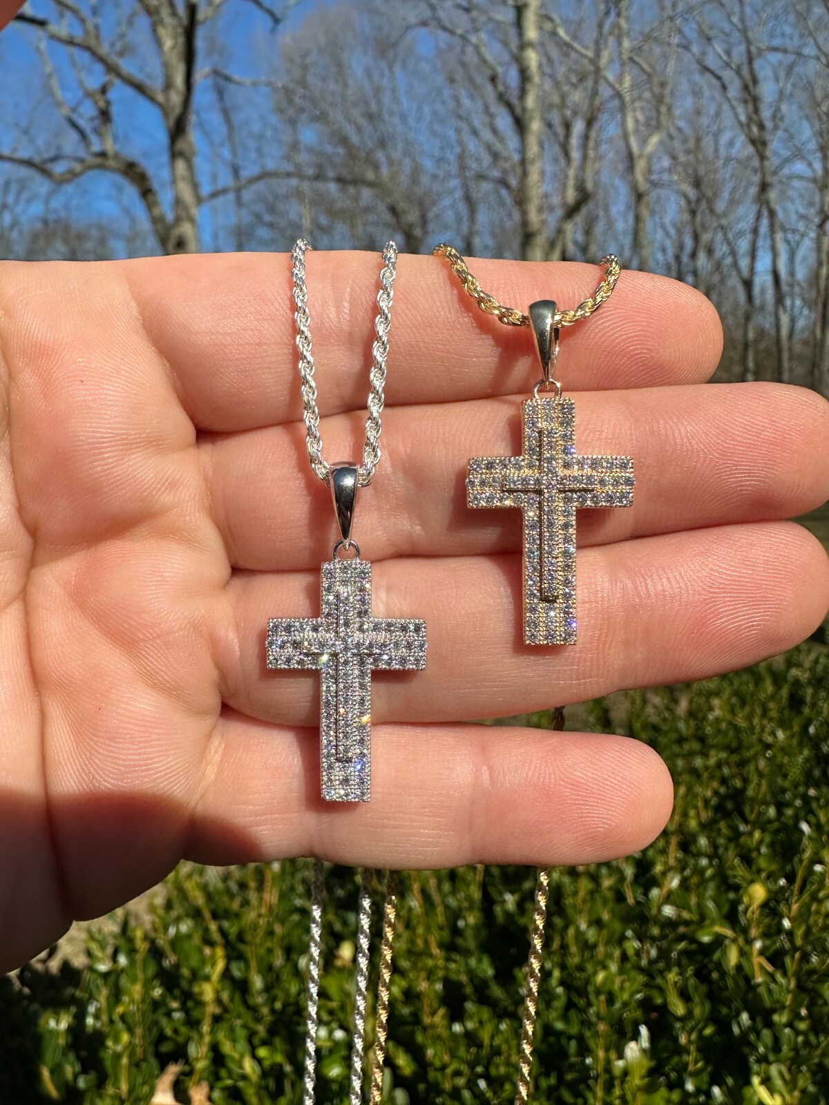0.89ct VVS Real Diamond Iced Cross Pendant Natural 925 Silver Necklace Pendant