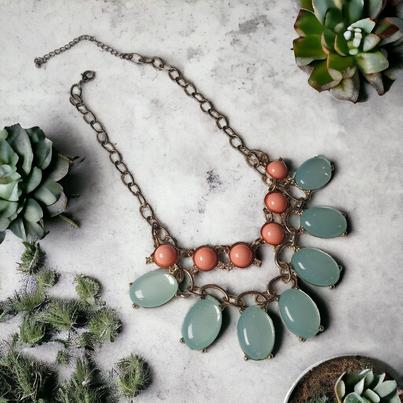 Peach and Teal Cabochon Beaded Rhinestone Necklace Woman 16″ Length Costume