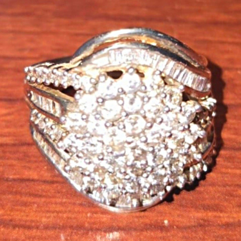 Two-Tone Gold & Silver Tone Clear Cluster Cocktail Ring, Stackable, Size 7
