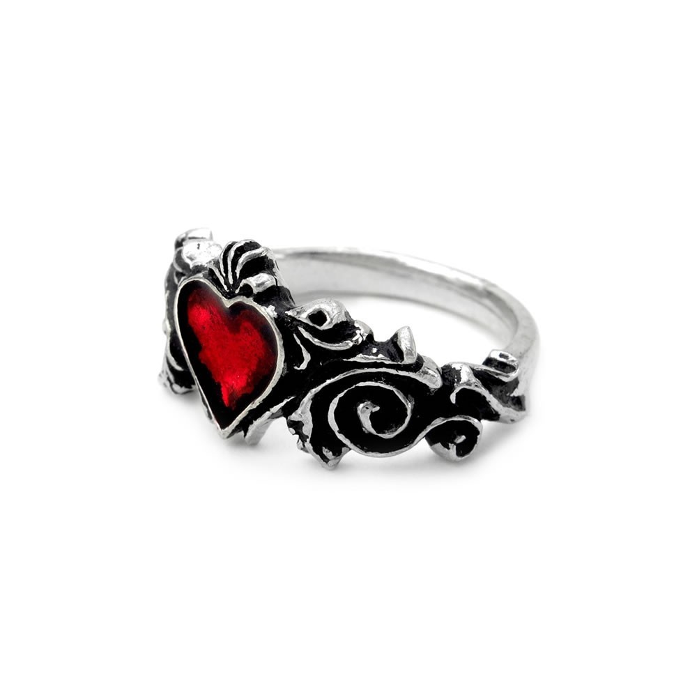 Alchemy Gothic Betrothal Romantic Ring Red Heart Ornate Scrolled Pewter R134 NWT