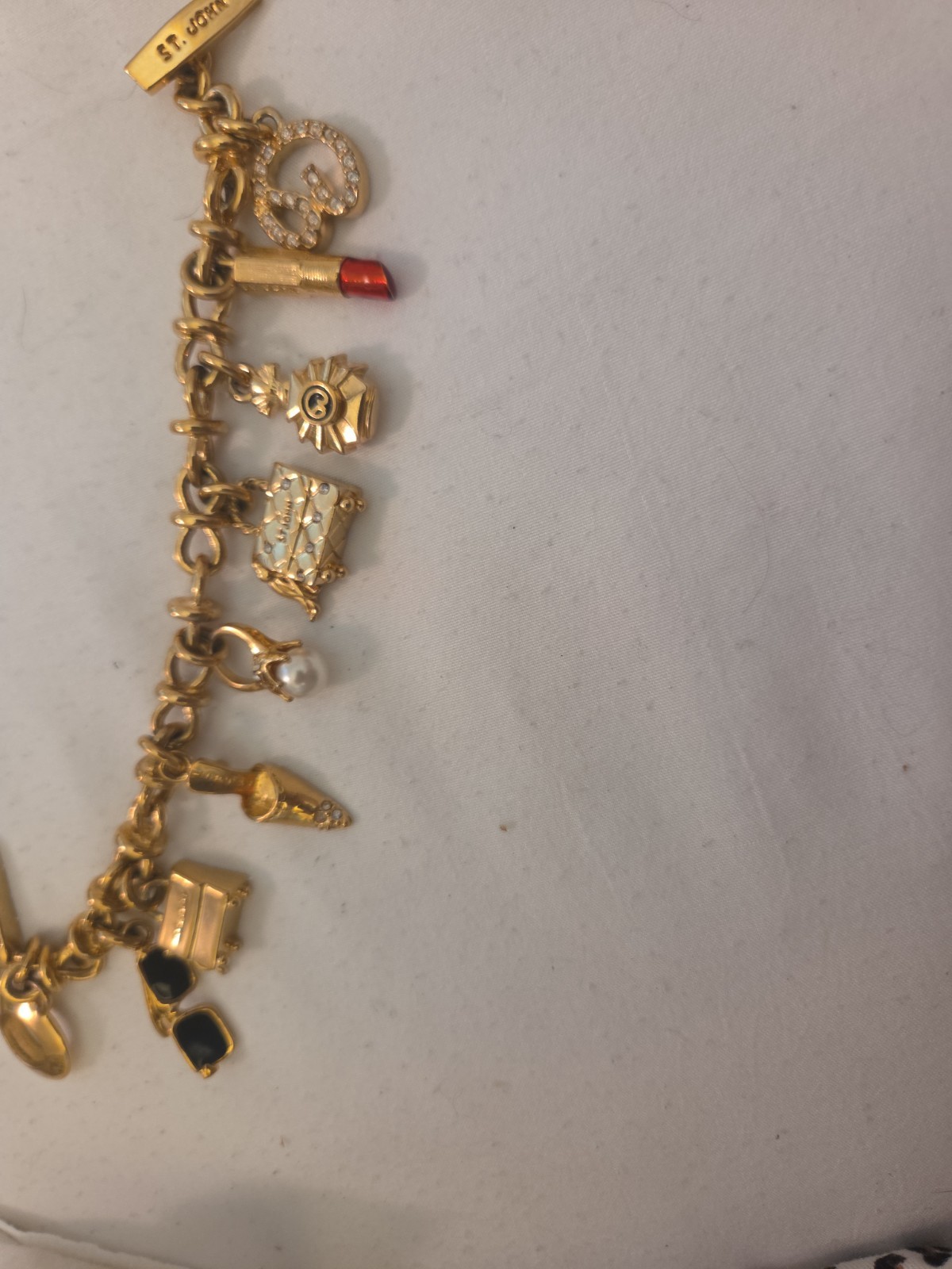 Vintage St John Charm Bracelet Crystal gold Logo Crystal Couture 9 Charm