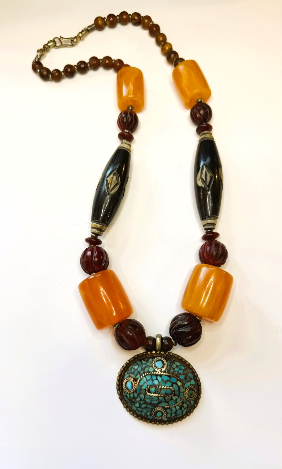 Vintage Tibetan Style Mosaic Pendant Necklace Butterscotch Resin Bone Beads 26″