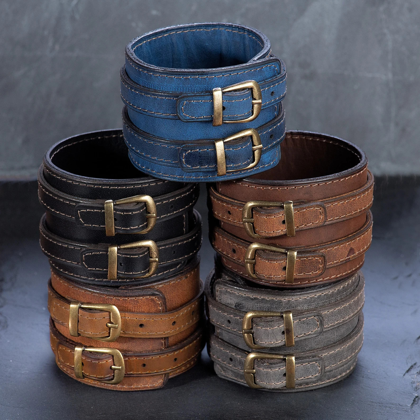 Engraved Black Leather Double Strap Cuff Bracelet,Adjustable Buckle Wristband