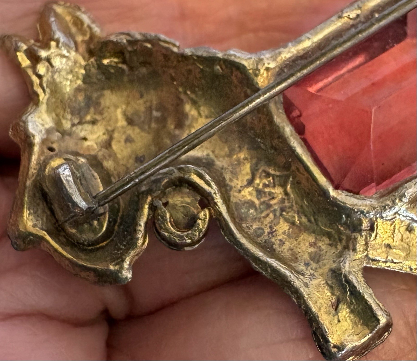 30s Vintage Scottie Dog Brooch Pot Metal Big Pink Glass Stone Signed Star S