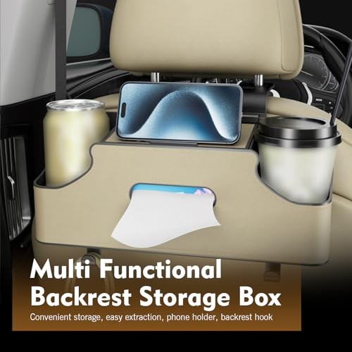 Car Back Seat Organizer Box, Leather Headrest Hanging 4-in-1 1 PC Beige