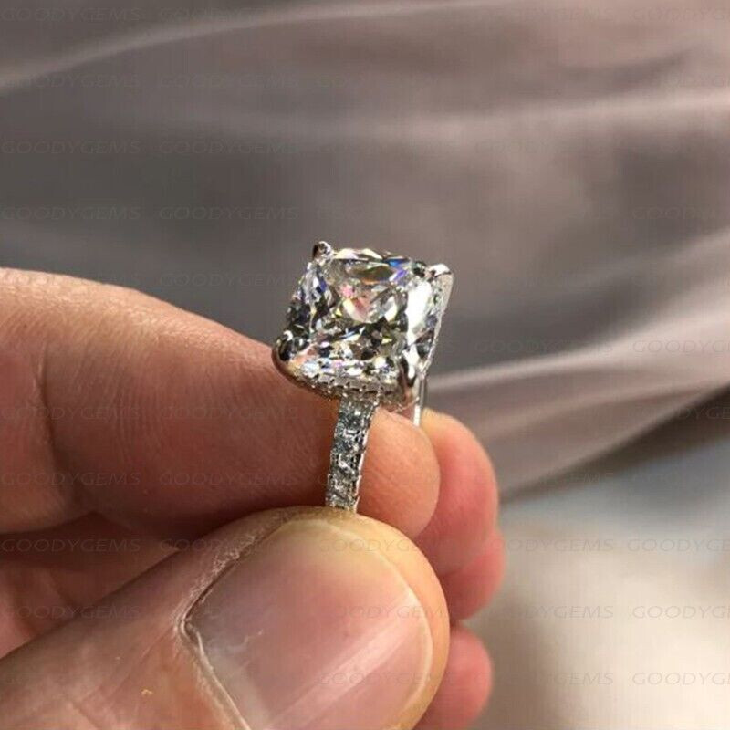 2.60CT White Cushion Moissanite Hidden Engagement Ring 14k White Gold Plated