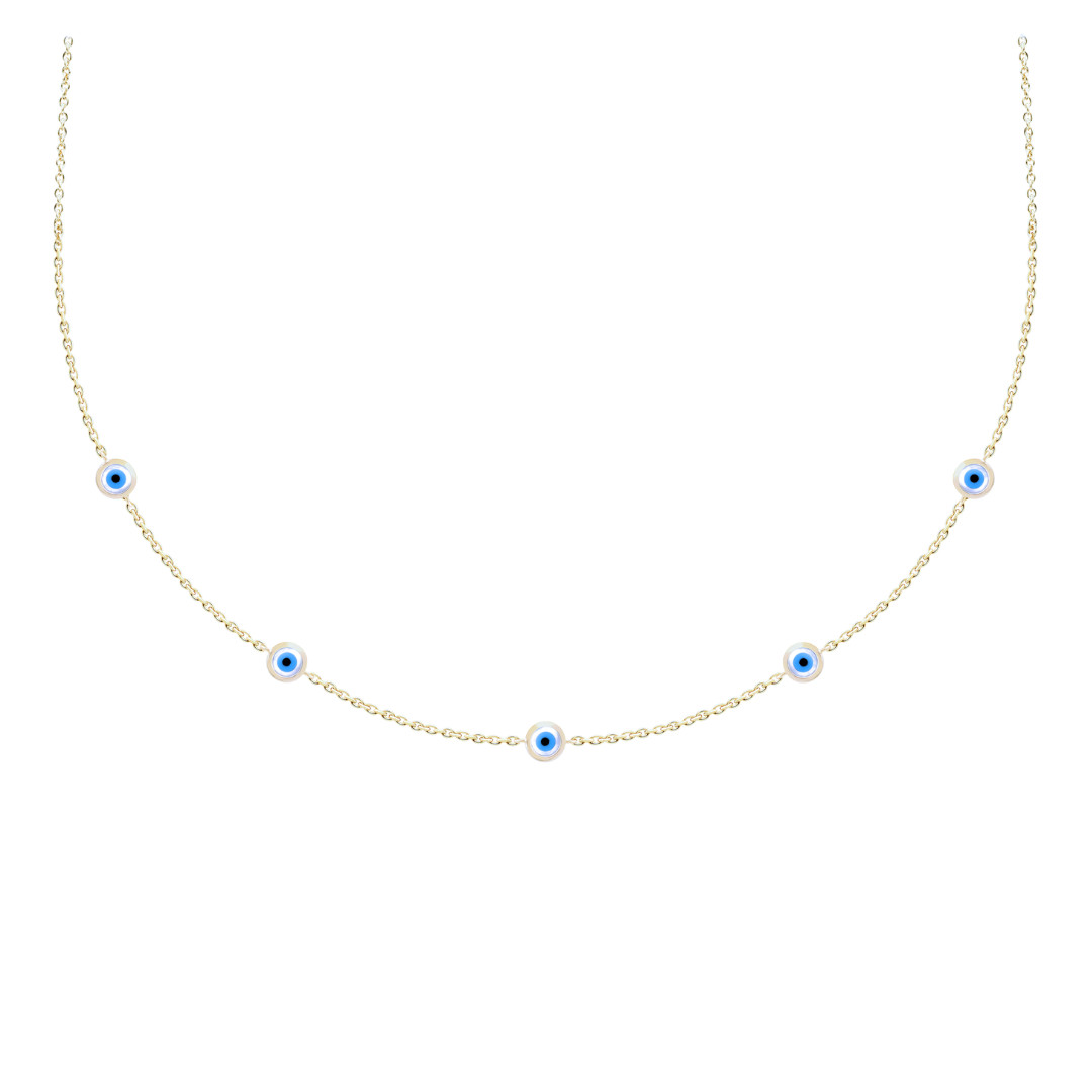 18k Gold Plated Bezel Set Evil Eye Bead Station Necklace | For Her |AAA+ Quality