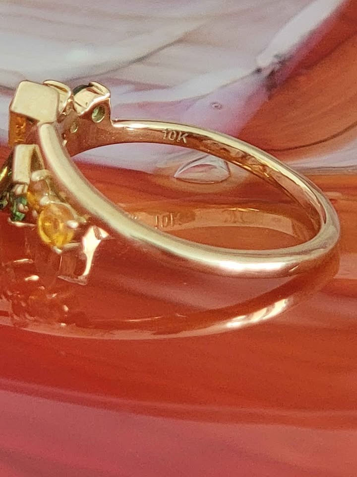 10K Yellow Gold Natural Tsavorite and Spessartite Garnet Ring Size 7 NEW