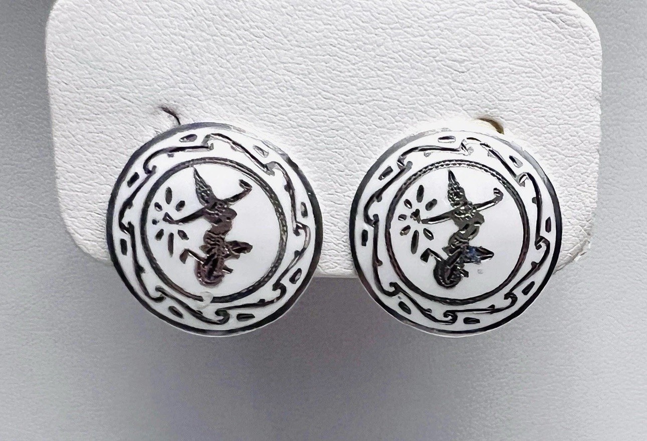 Vintage SIAM Sterling Silver White Enameled NIELLO Dancer Clip On Earrings EUC