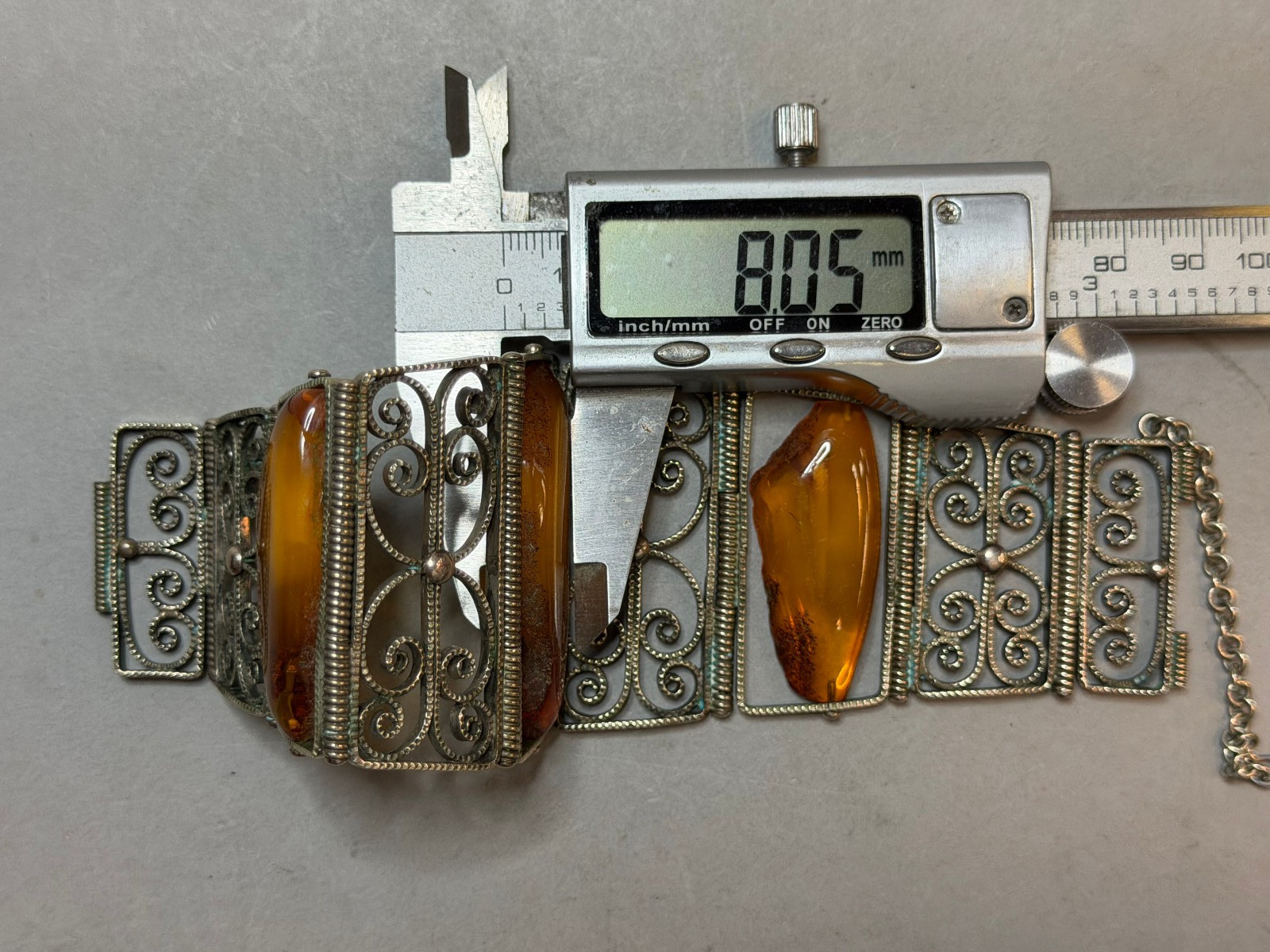 Vintage Soviet USSR Filigree Melchior Panel Bracelet Baltic Amber Honey Cognac