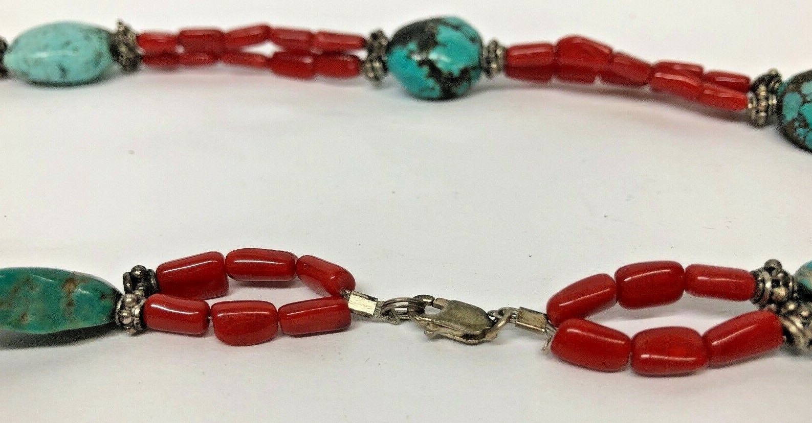 Sterling Silver Natural Beads Turquoise, Coral Necklace 19 1/2 inches