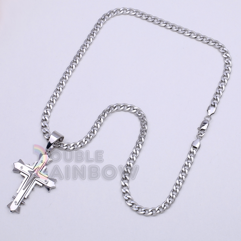 8P3 18-36″Men Stainless Steel Silver Cross Pendant 6MM Cuban Necklace Chain