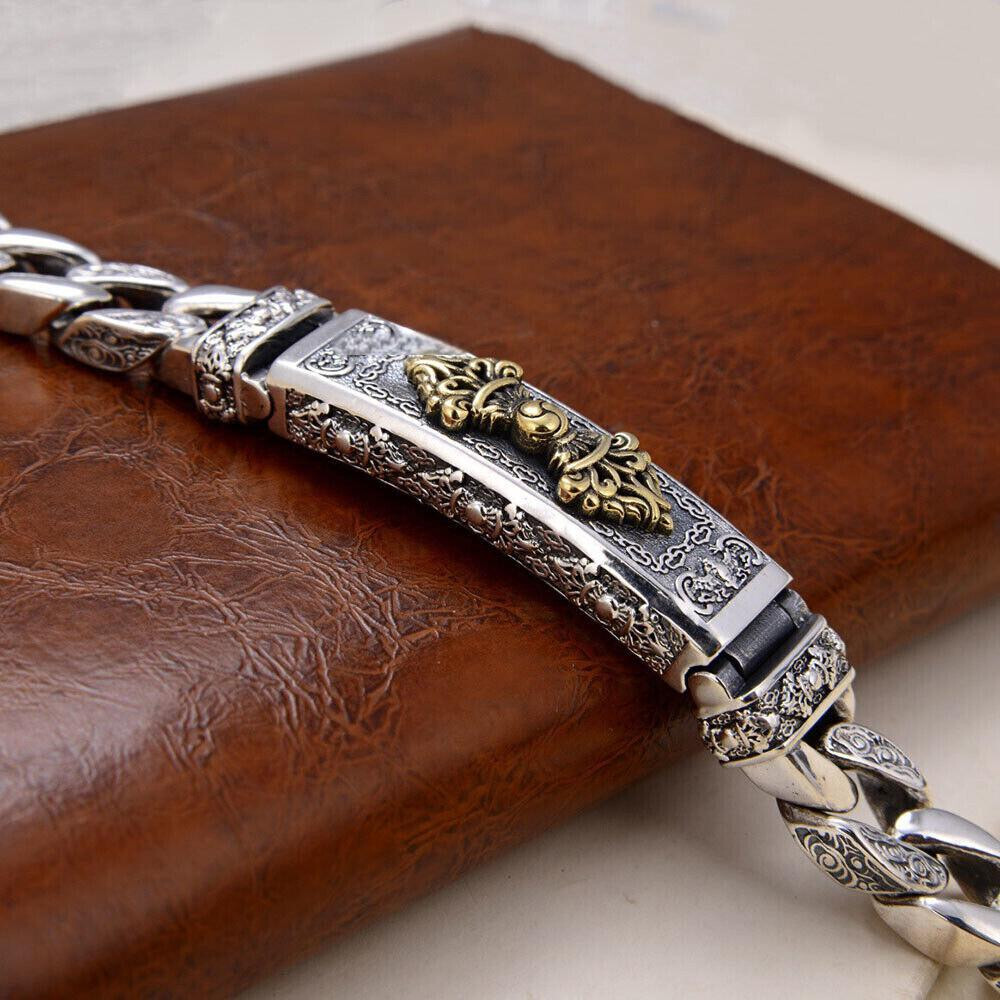 Real 925 Sterling Silver Bracelet 11mm Vajra Six Words Curb Link Chain 7-8.7in