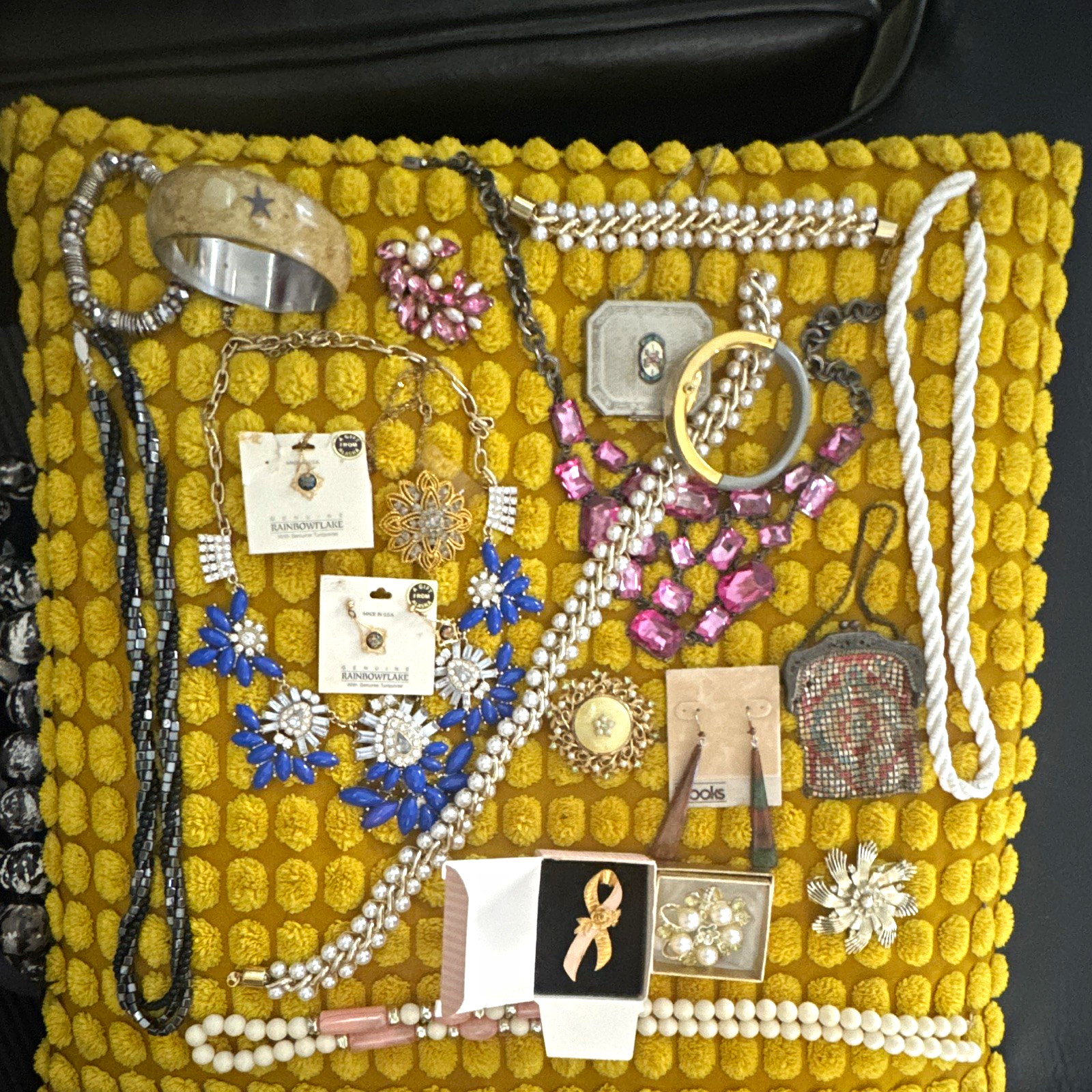 Lot; Costume and Antique jewelry; with antique silver powder box and coin purse!