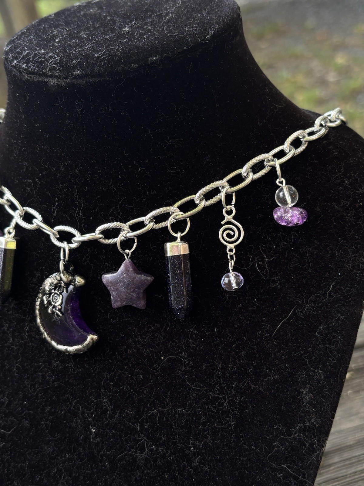 Handmade Purple Celestial Moon Crystal Necklace Galaxy Star Witchy Charm Jewelry