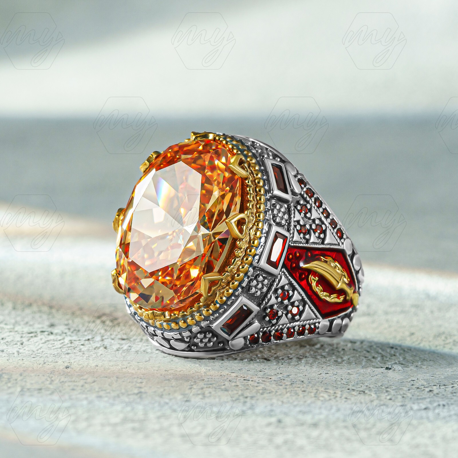 925 Sterling Silver Orange Citrine Stone Turkish Handmade Men’s Ring