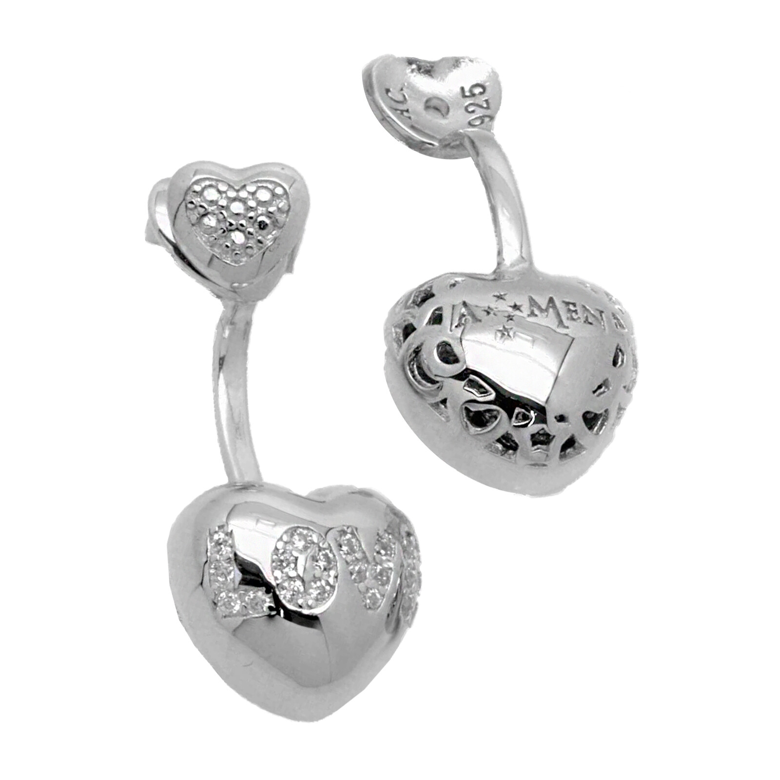 AMEN ELO Women’s 925 Rhodium Silver Pendant Earrings with Hearts and Love Stones