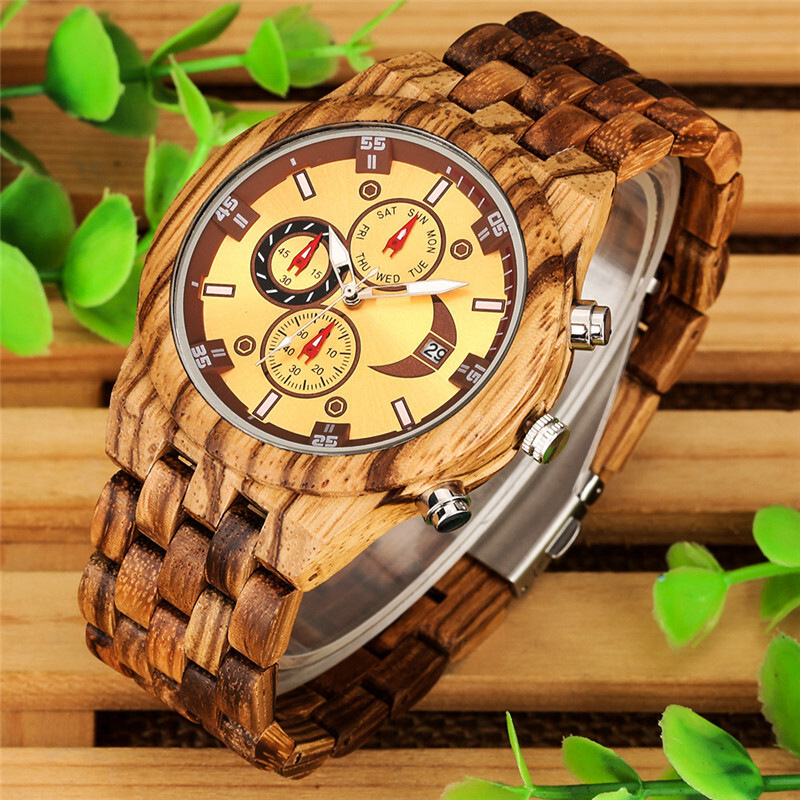 Men’s Wood Watch Chronograph Auto Date Display Mixed Adjustable Full Wooden Band