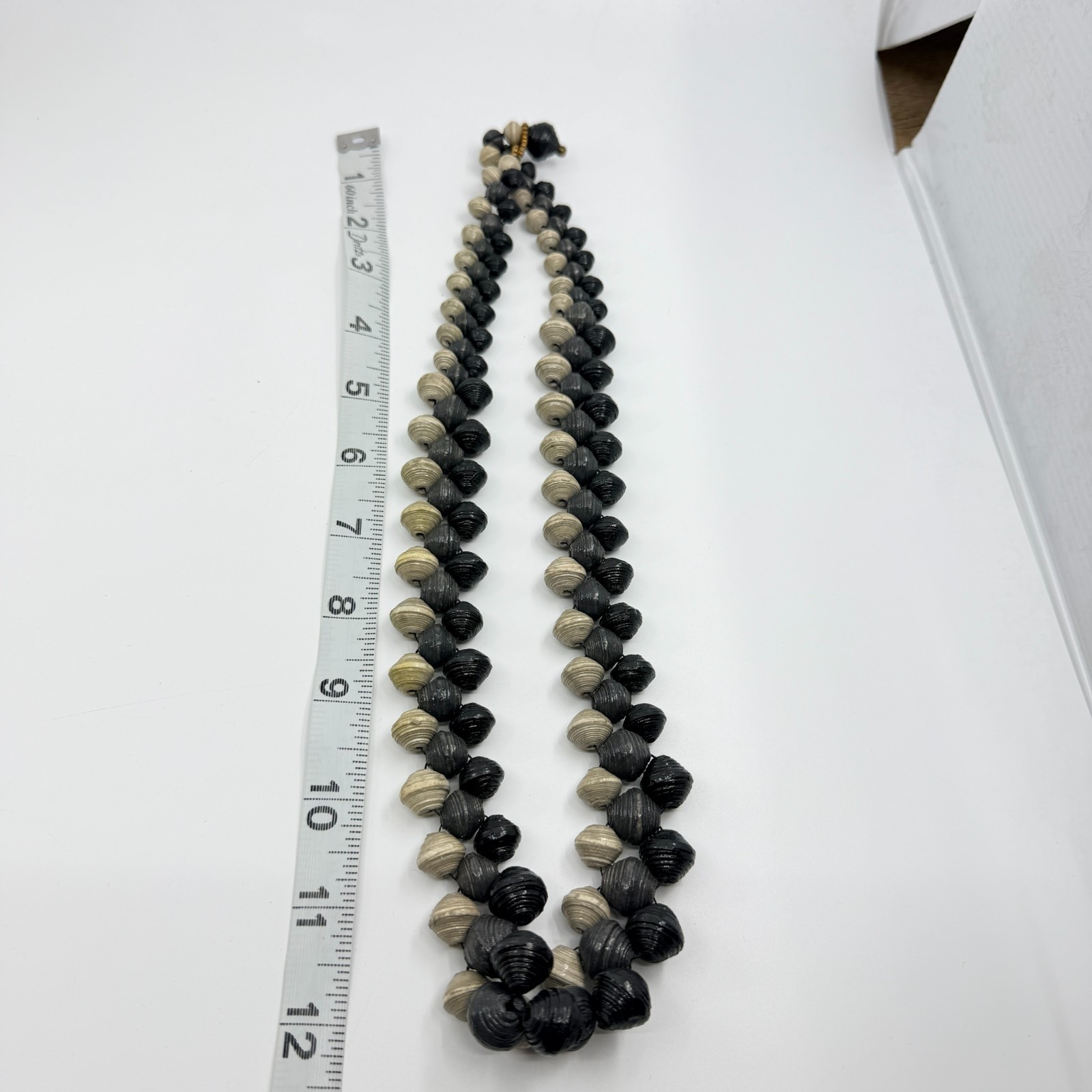Vintage Boho Black Cream Handcrafted Rolled Paper Bead Strand Statement Necklace