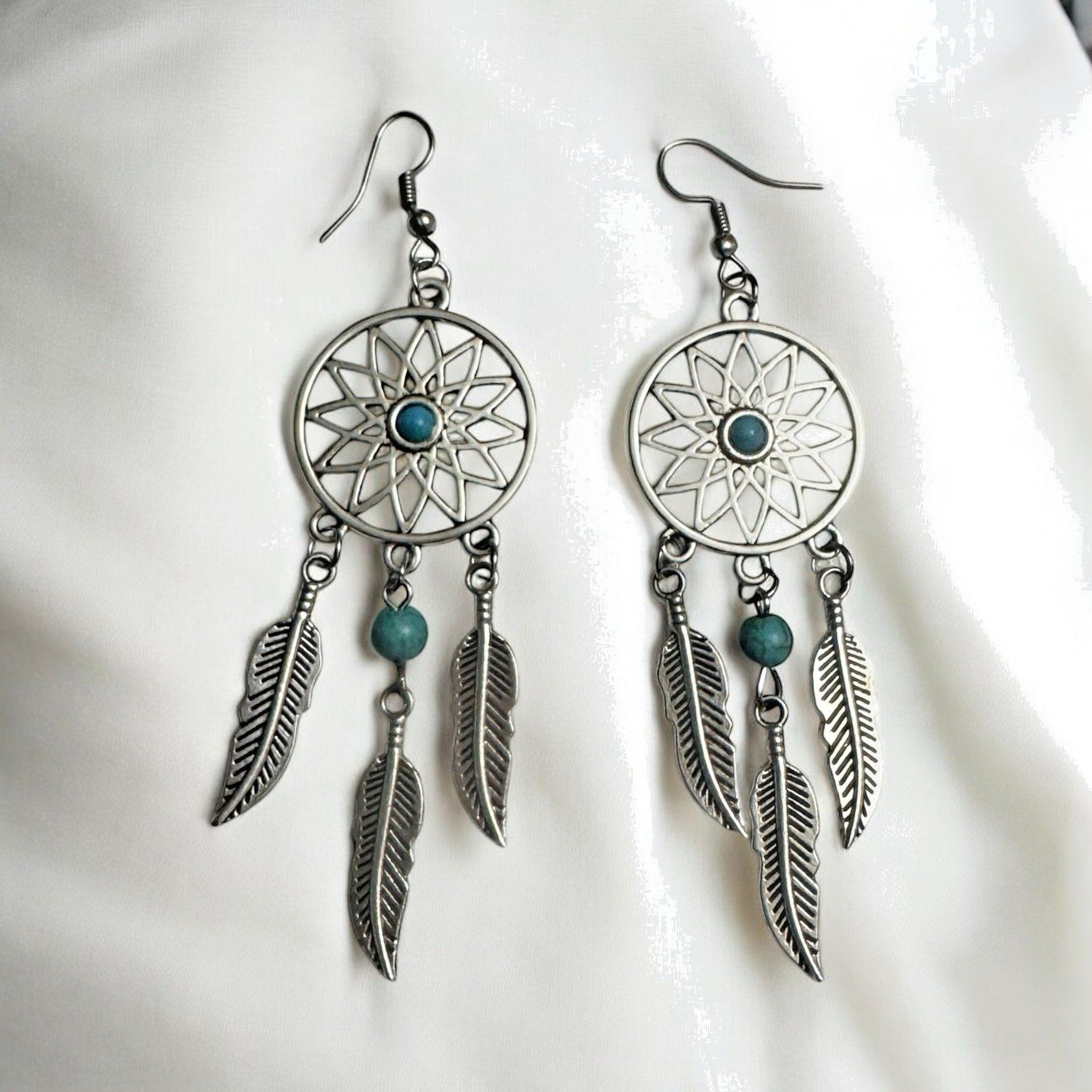Southwestern-Style Dreamcatcher Dangle Earrings – Silvertone, 3.5 Inches