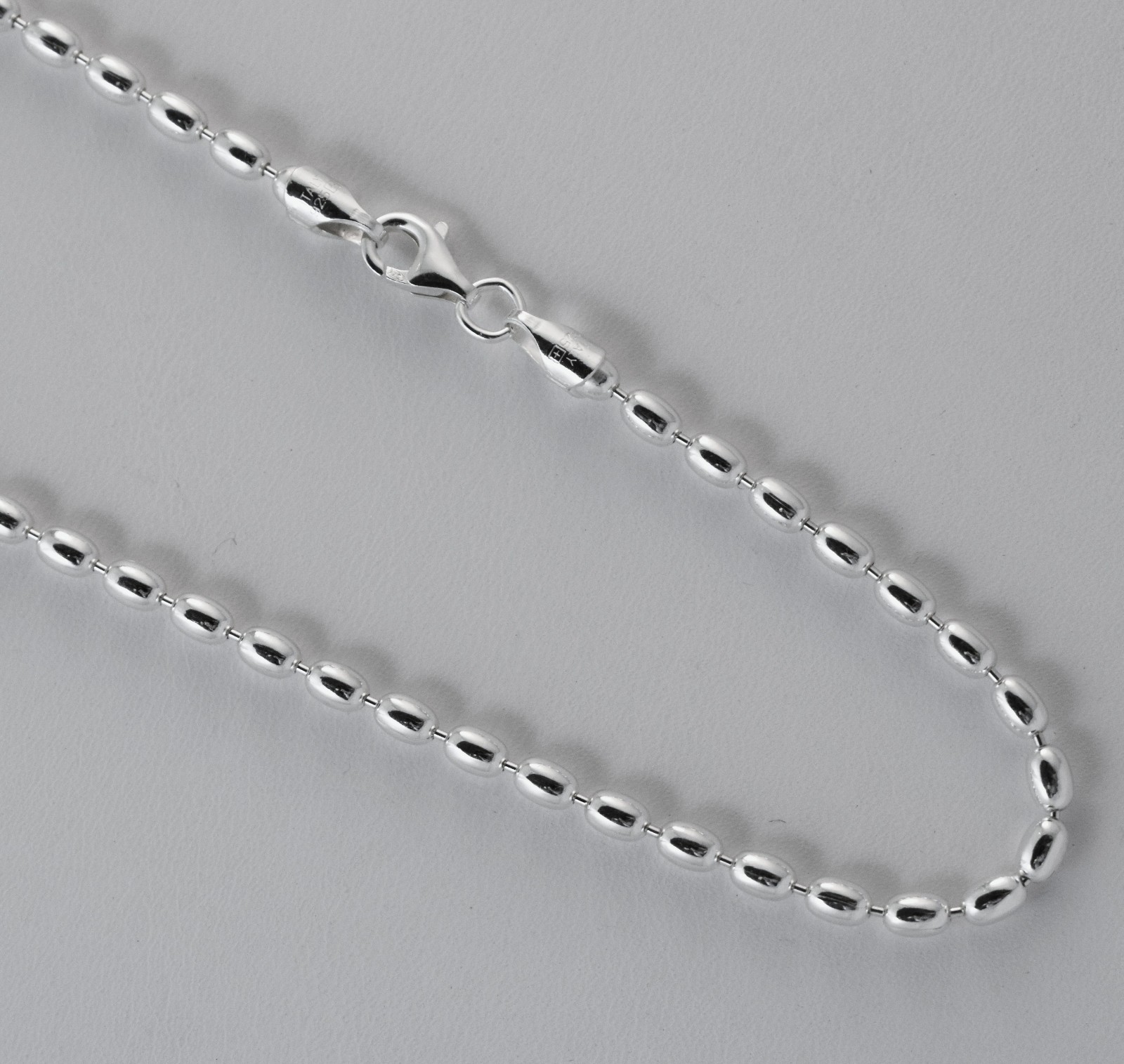 Rice Bead 3mm by 5mm Sterling Silver Italian Chain. 7,8,9,10,16,18,20,22,24,30″