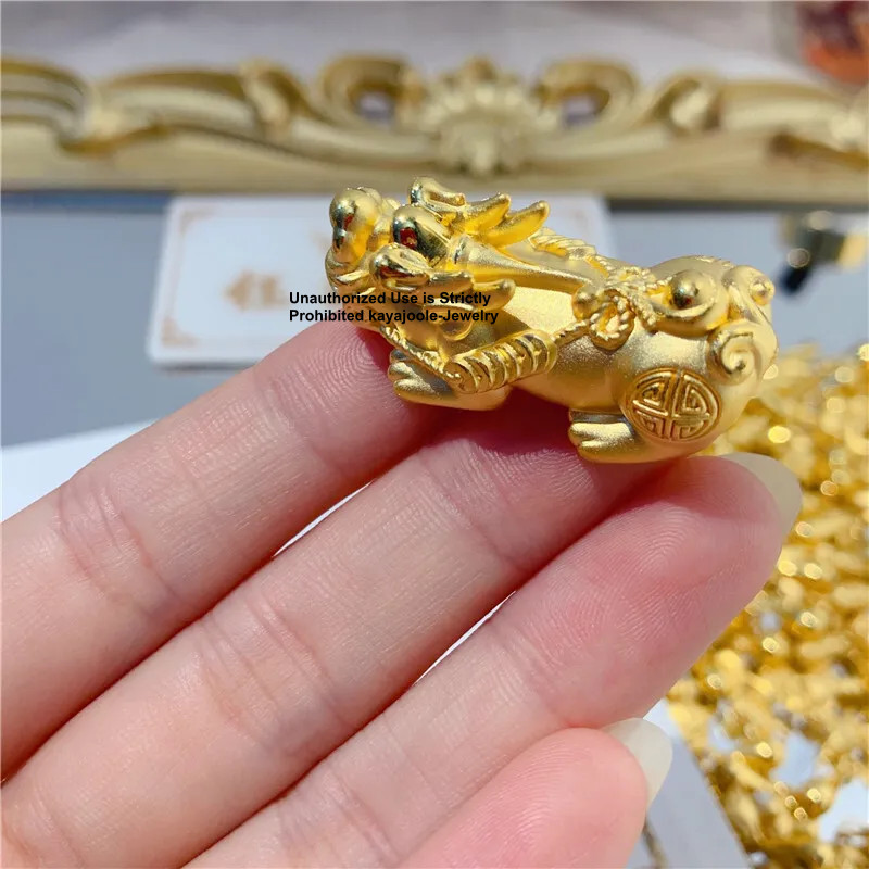 Fine Pure 24K 999 Yellow Gold 3D Wealth Dragon Pixiu Bead Pendant 6-24mm