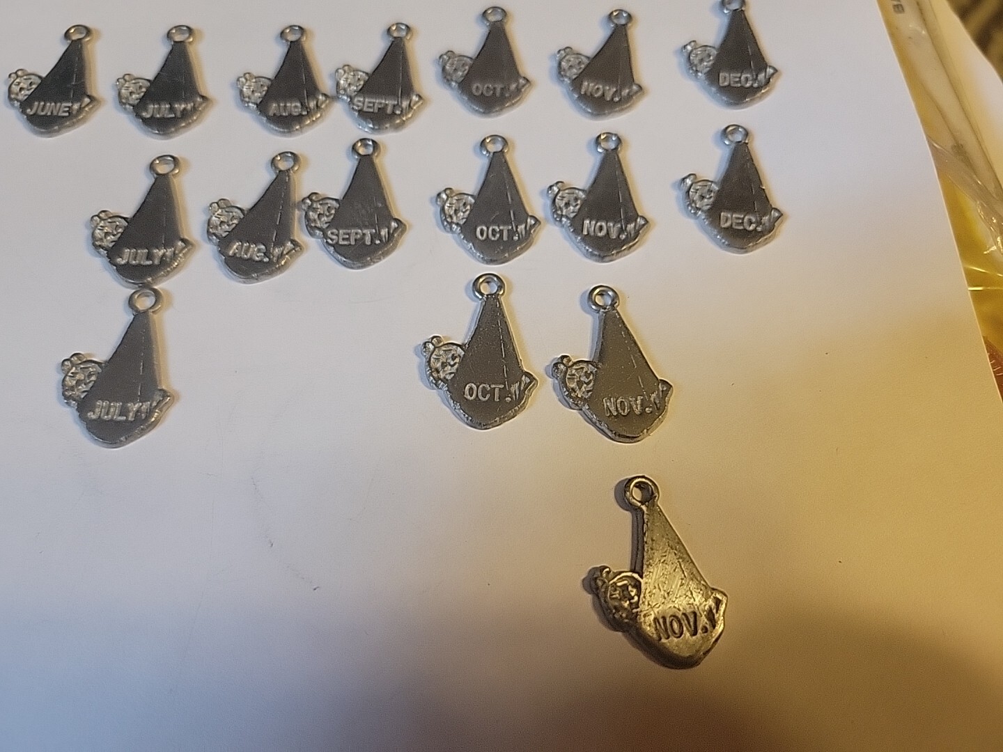 23 Metal STORK BABY Charm Pendants 10 Months VINTAGE 1st Of Month Dates 1 Inch