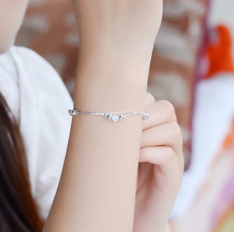 Women’s Silver SP Love Heart Beaded Charm Cuff Bangle Bracelet