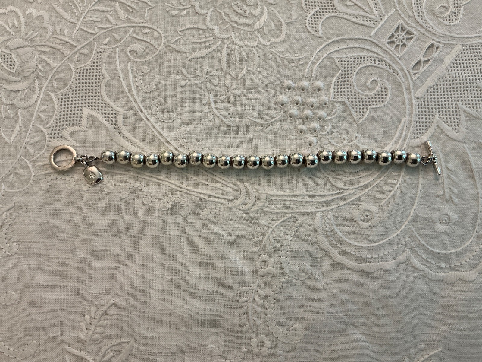 Ralph Lauren Polo Silver Tone Ball Bead Bracelet Toggle Clasp 7.5″ EUC