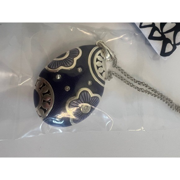 Brighton Flora Reversible Enamel Crystal Egg Pendant Necklace JM7733 Silver Navy