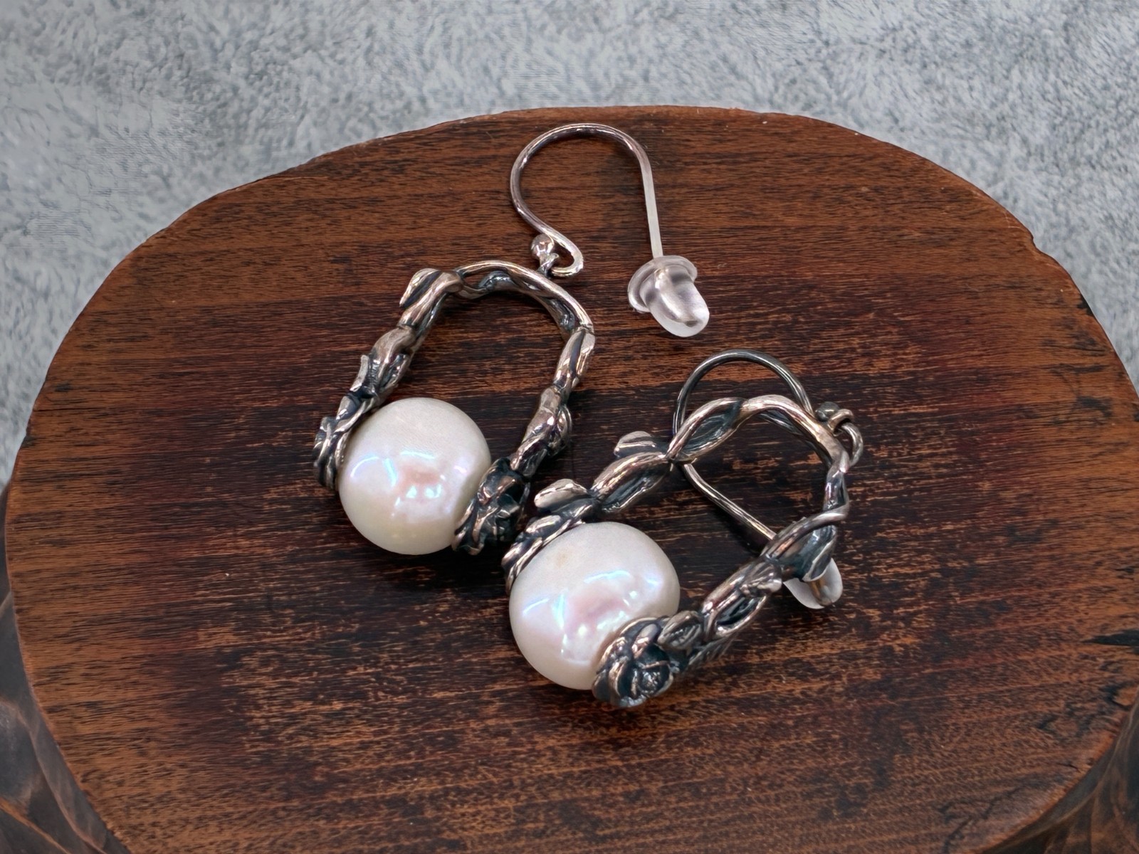 Or Paz White Cream Pearl Sterling Silver French Hook Floral Earrings Oxidized