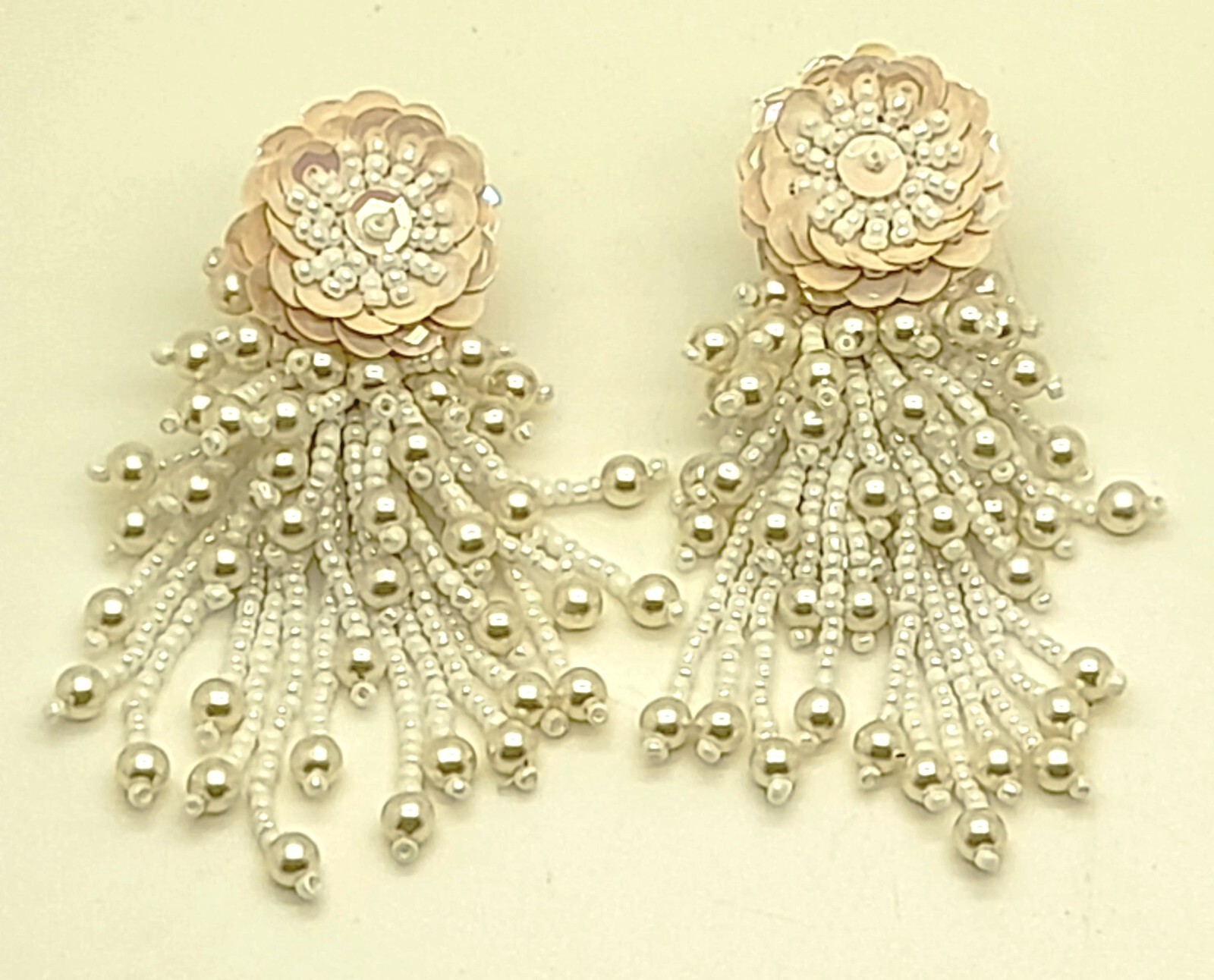 Vintage Handmade cream seed beaded sequins clip on drop/Dangle fashion earrings