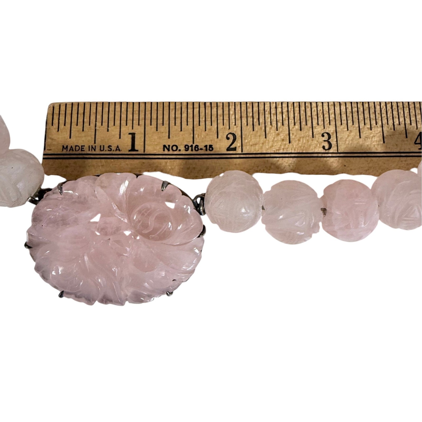 Vintage Carved Rose Quartz & Sterling Silver Statement Necklace