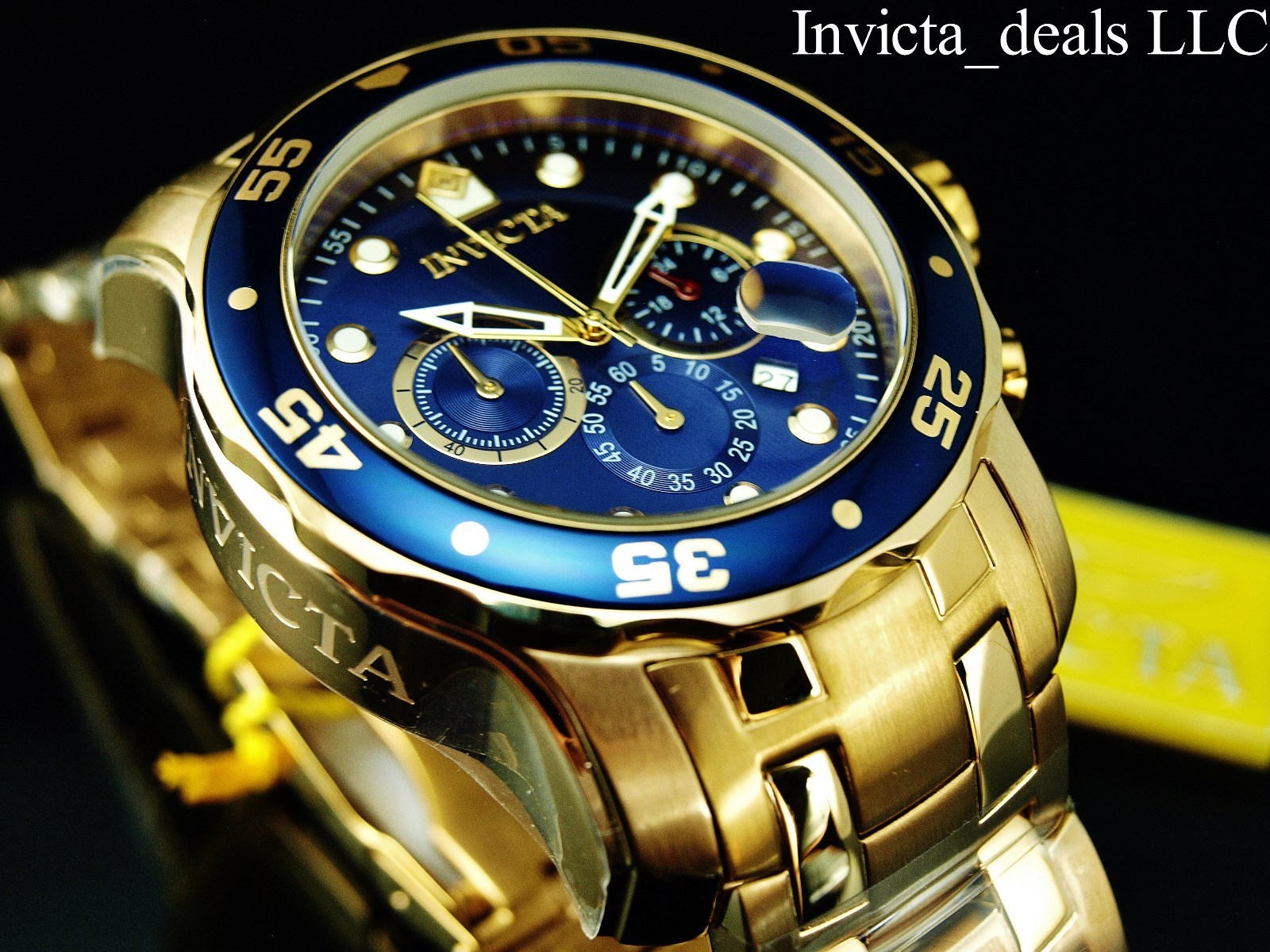 Invicta Men’s 48mm Pro Diver SCUBA Chronograph Blue Dial 18KT Gold Plated Watch