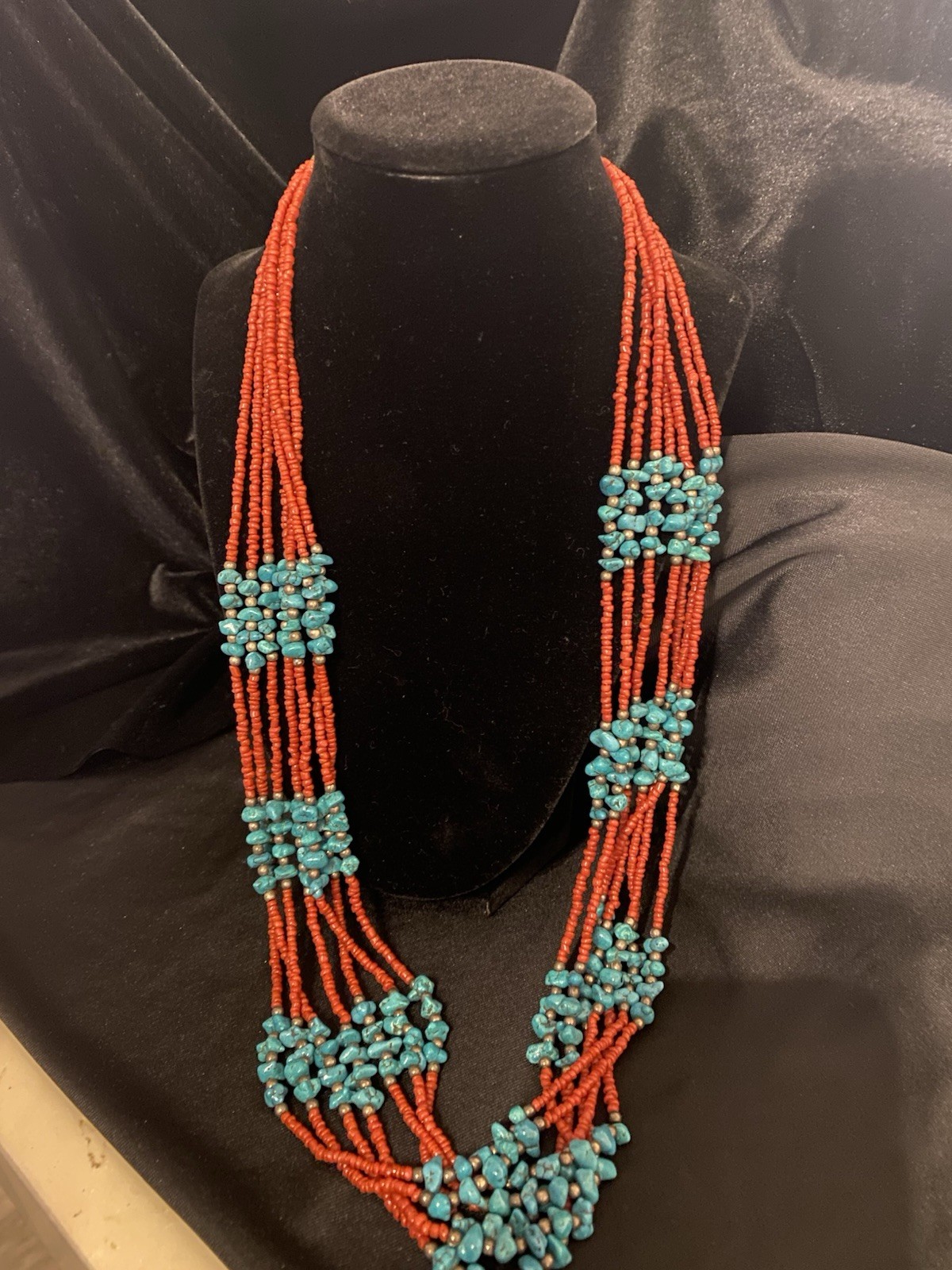 Multi-Strand Beaded Statement Necklace Orange Blue Silver Tone Hook Clasp