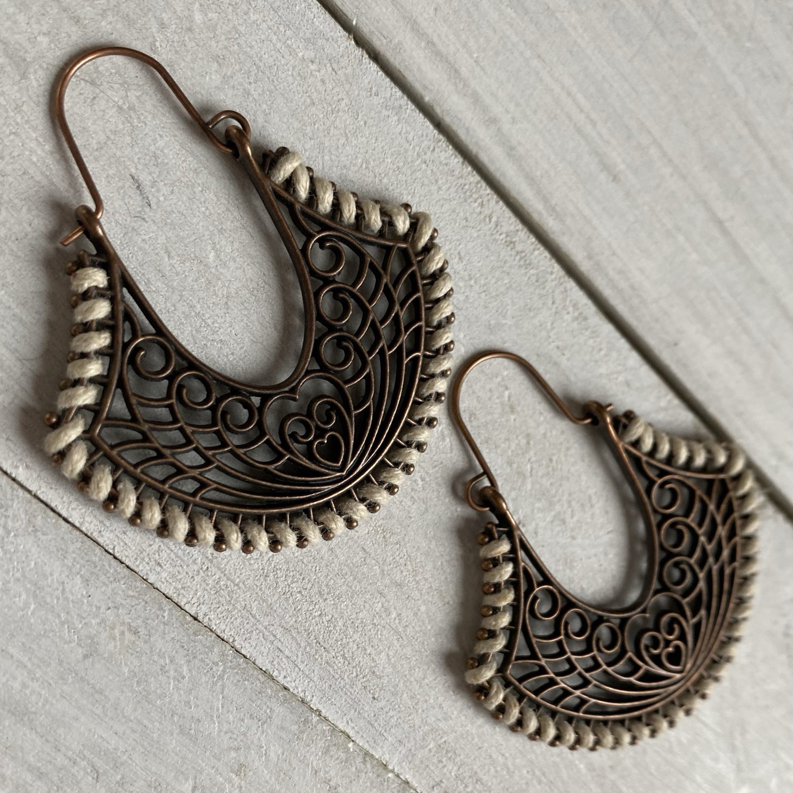 Cream Hemp Edged Filigree Pendant Antique Copper Artisan Boho Earrings