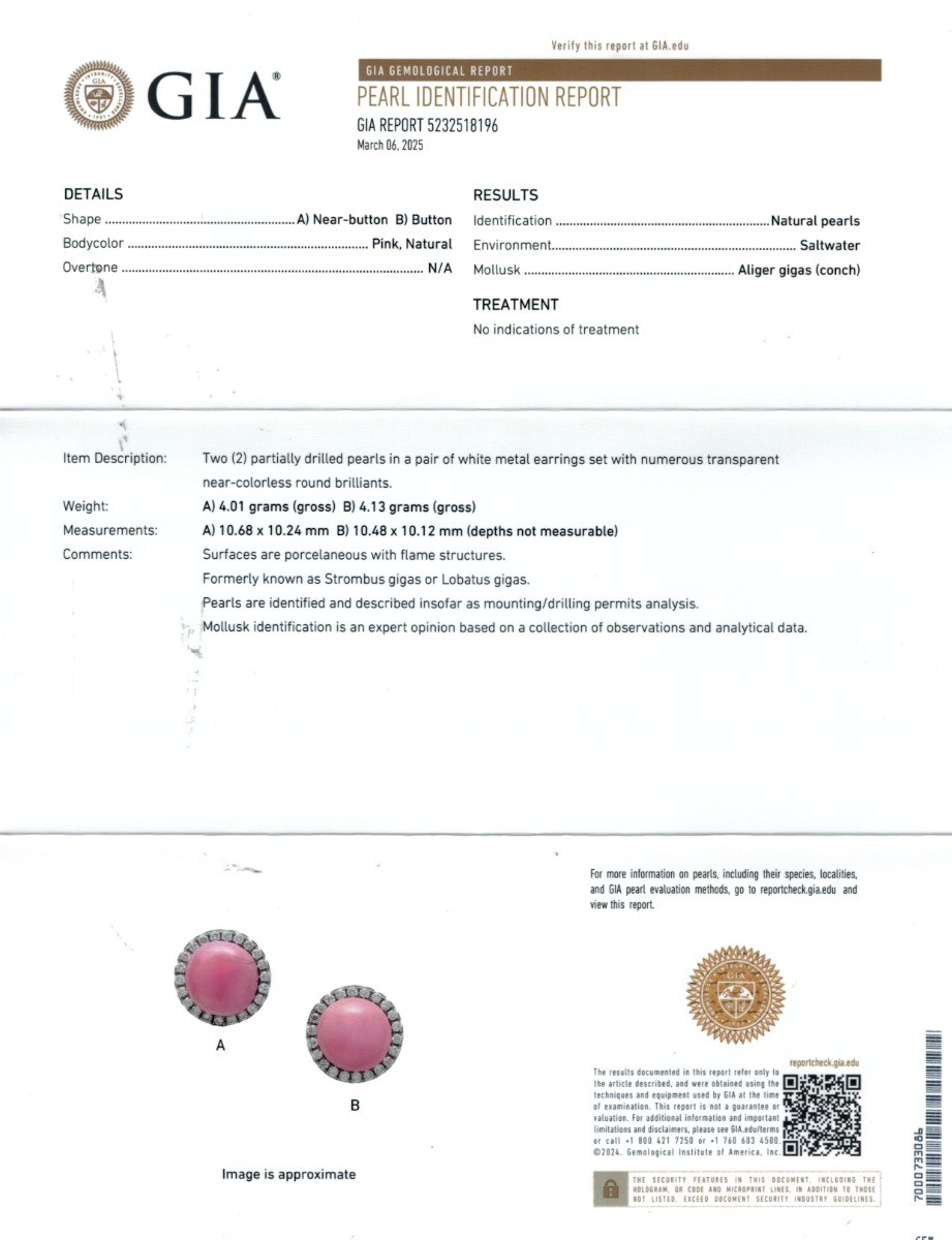 Natural Pink Conch Pearl 11.70ct 18K Wh Gold Earrings Dia GIA