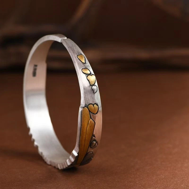Solid S999 Fine Silver Bracelet Women Unique Flower Open Bangle 57-58g ID58mm