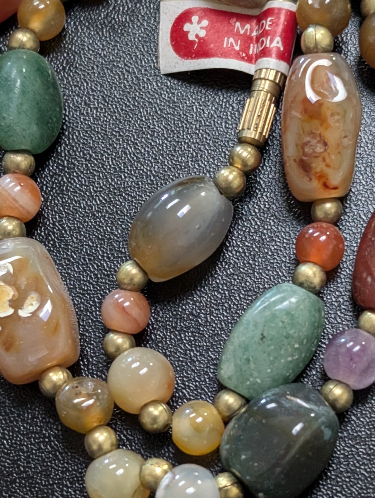 Vintage Chunky Multi Agate Carnelian Quartz Stone Bead Necklace Made in India