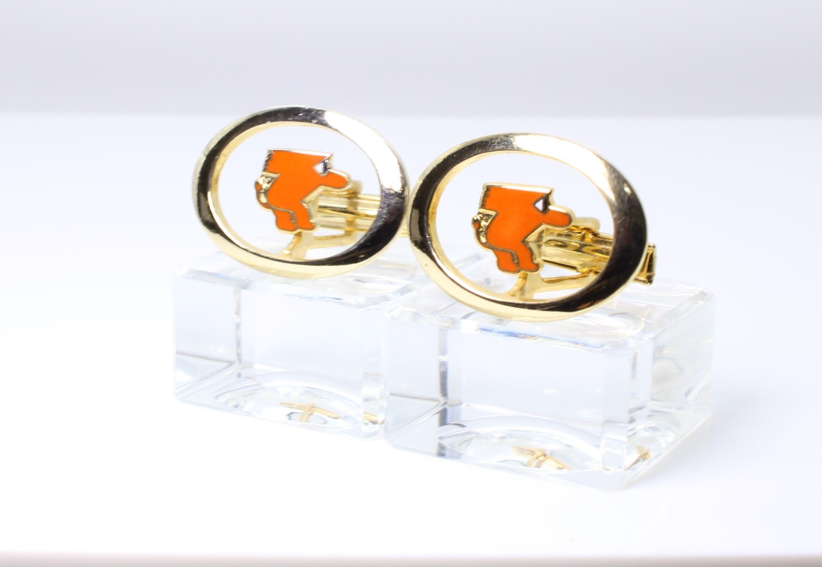 Vintage 1950s Orange Enamel Mascot Floating Logo Cufflinks MCM Gremlin Gnome