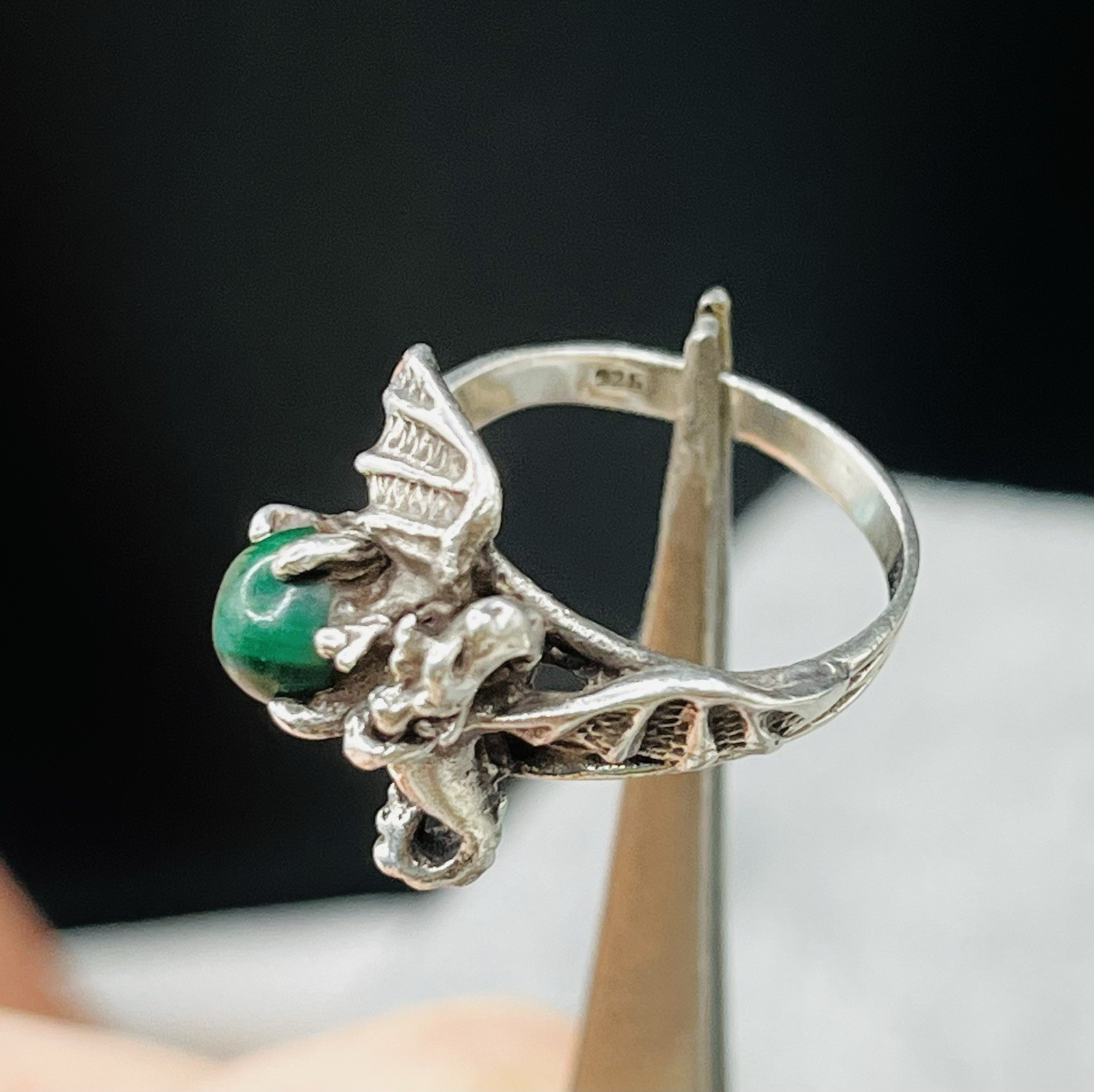 Sterling Silver 3-D Dragon Malachite In Talons Ring Fantasy Gothic Size 5.5