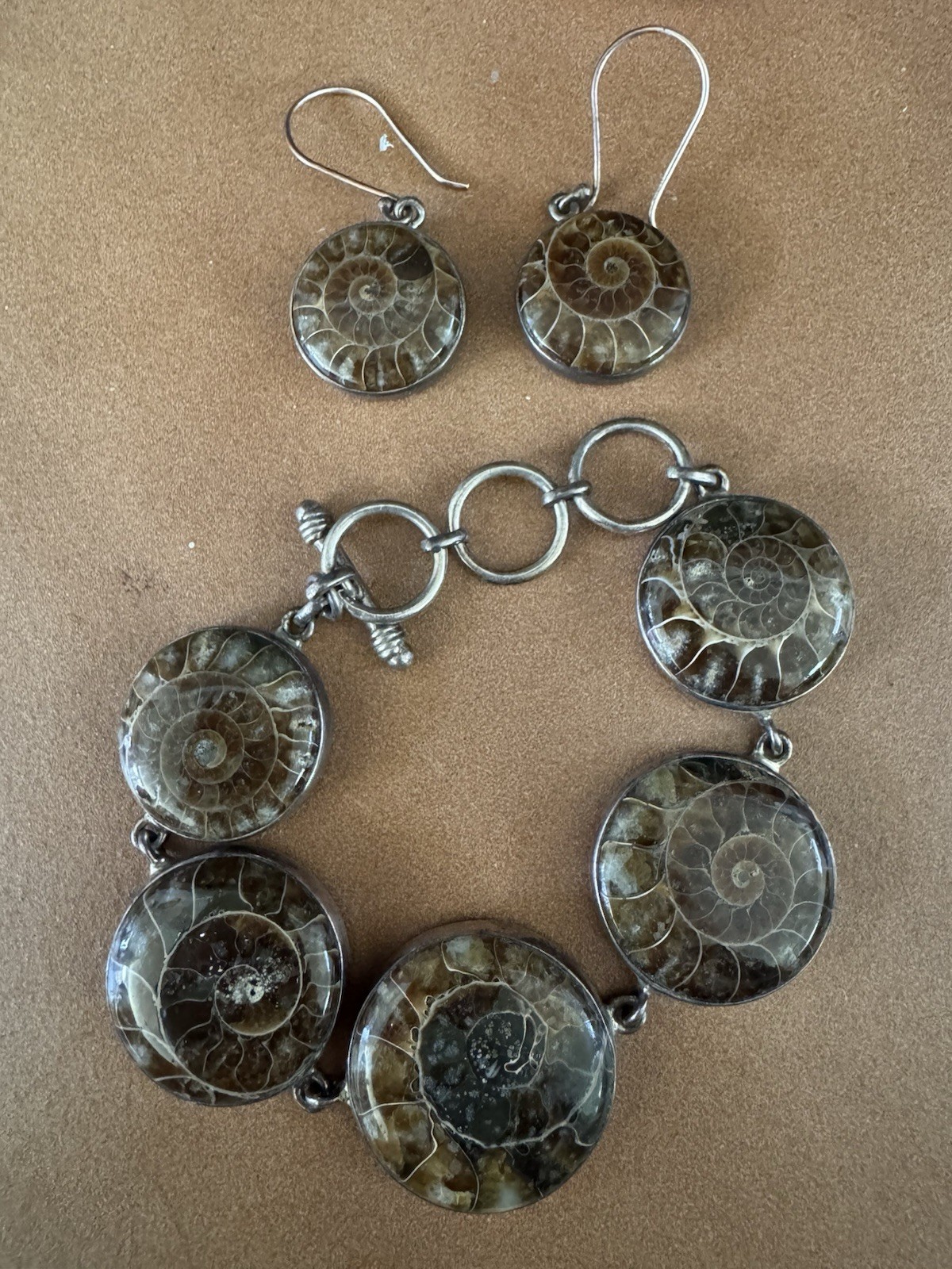 925 Silver Natural Ammonite Fossil Chain Bracelet & Earrings