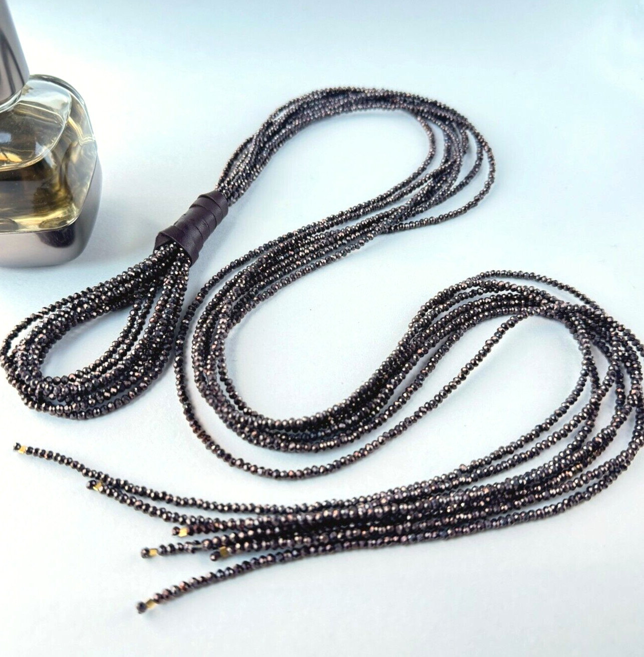 Brown Crystal Lariat Necklace: Tie Necklace, Genuine Leather, Handmade