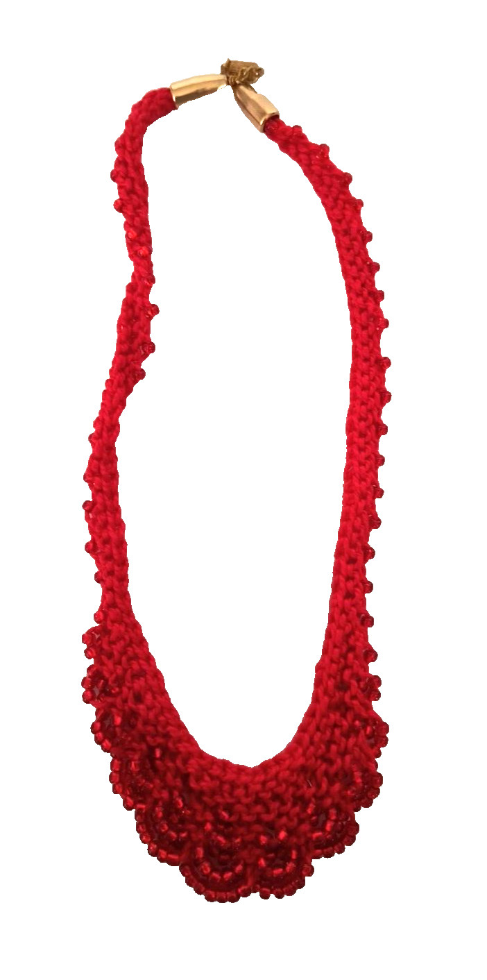 Boho Women’s Choker Style Necklace Red Crocheted Seed Beads Barrel Clasp