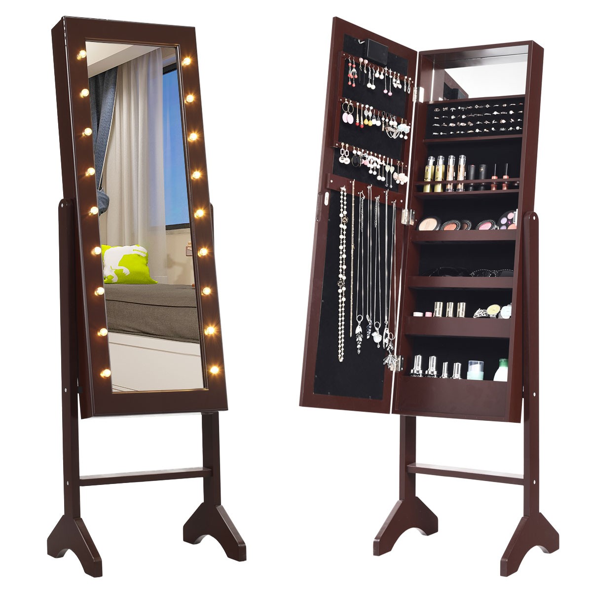 Mirrored Jewelry Cabinet Armoire Organizer Free Standing w/ 18 LED lights Brown