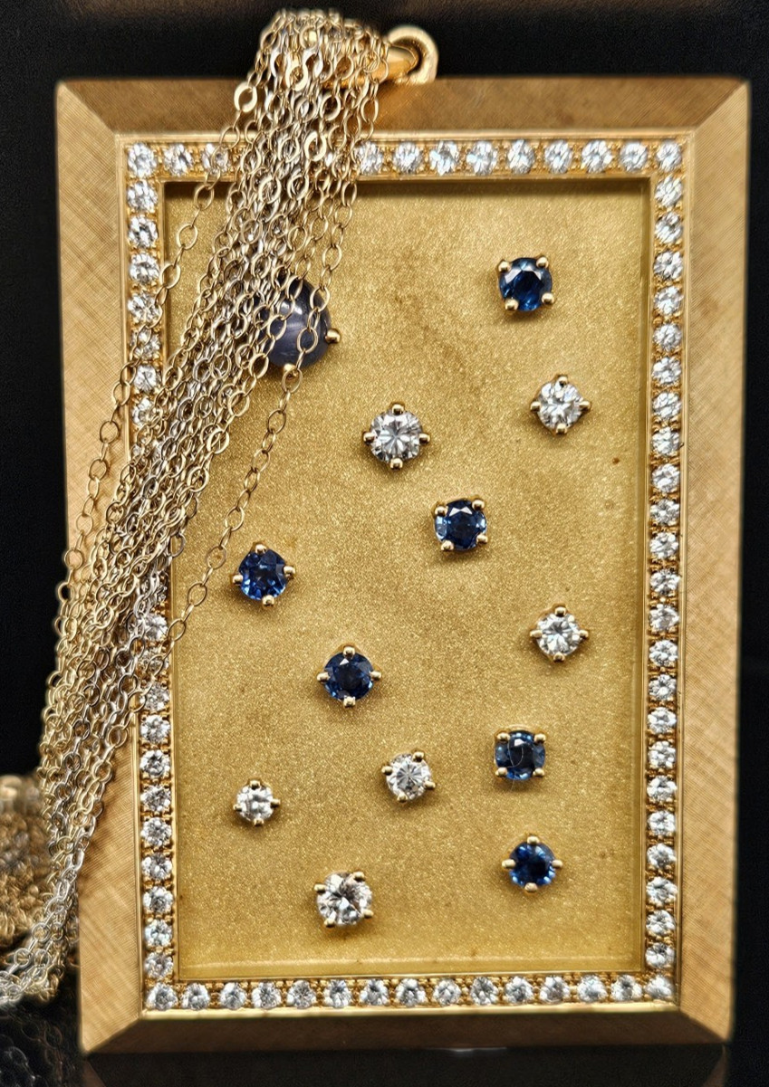 18K Gold DIAMOND STARRY NIGHT WINDOW Pendant Necklace Star Sapphire 45 Grams